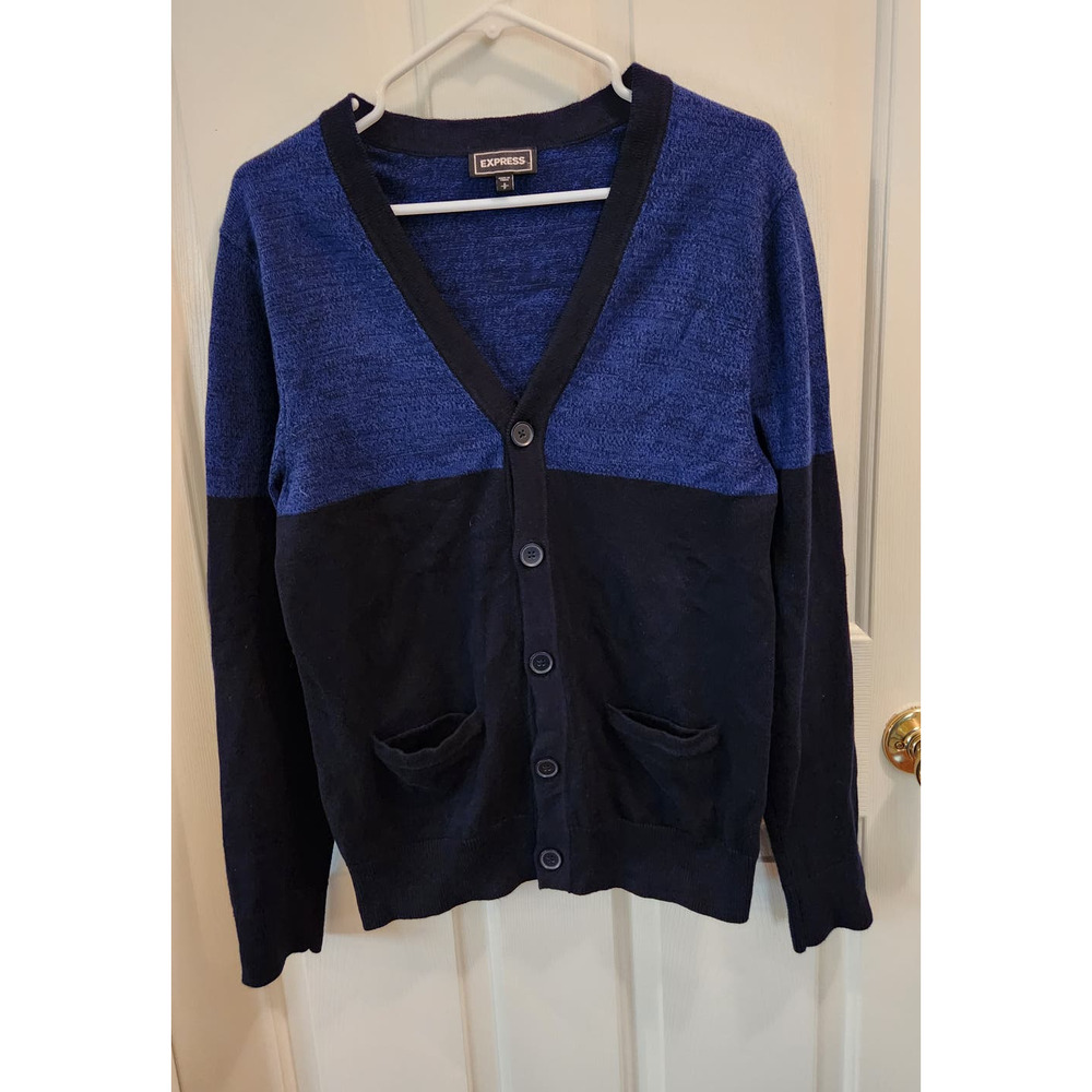 Express Mens Cardigan Small Colorblock Blue Sweater Button Down Long Sleeve